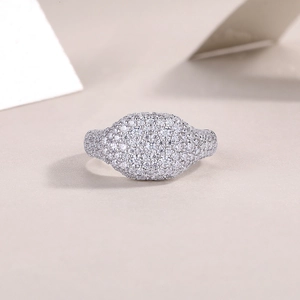 Macro detail of the silver pave-set moissanite ring with high-gloss brilliance