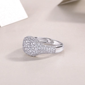 Detailed macro view of S925 sterling silver ring band with full micro-pave moissanite stones