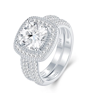 Luxury S925 sterling silver square moissanite ring set with brilliant micro-pave stones