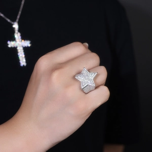Bague étoile en argent sterling S925 style hip hop avec pavage complet de moissanite