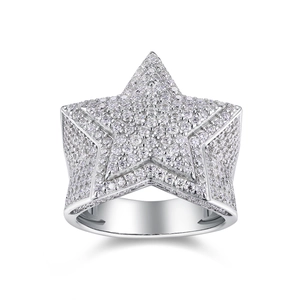 Bague étoile hip hop en argent massif S925 avec pierres de moissanite pavées pour homme