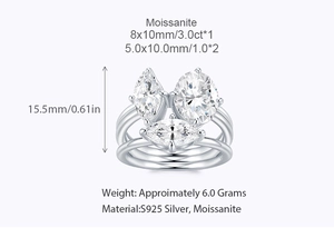 Détail d'une bague en argent S925 avec une moissanite ovale 3ct et deux de 1ct