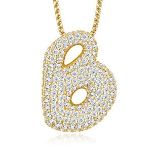 Detailed view of lowercase letter b pendant in gold with sparkling pavé moissanite stones