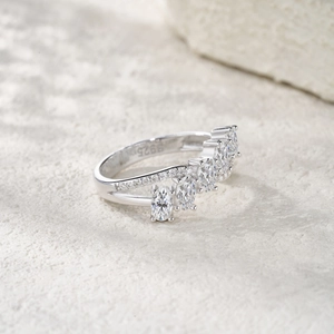 S925 sterling silver ring with five oval moissanite stones and side row diamonds