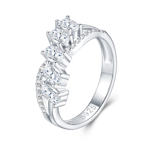 Elegant S925 sterling silver ring with five oval moissanite stones on a white background