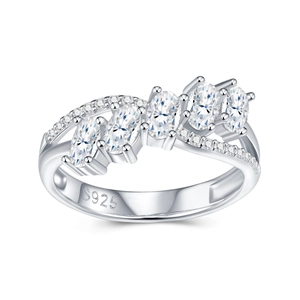 S925 sterling silver ring with five oval moissanite stones and swirling layered band design