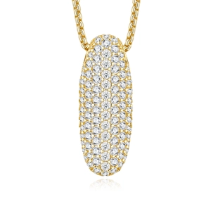Macro shot of gold oval pendant necklace with shimmering pavé-set moissanite stones