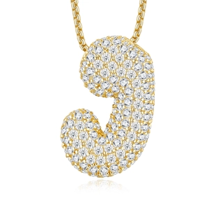 Macro detail of S925 silver letter J pendant necklace with pavé moissanite stones
