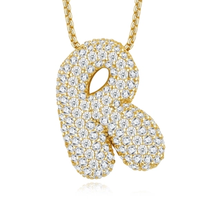 Detailed close-up of S925 silver 18k gold plated letter R pendant with D color moissanite