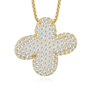 Detail of S925 sterling silver necklace with pavé set clover pendant and box chain