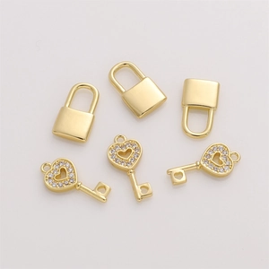 Collection of 14K gold plated lock charms and zircon encrusted heart key pendants for DIY jewelry
