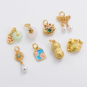 Traditional oriental gold-plated fan and peanut pendant charms for DIY jewelry making