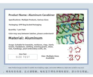 Colorful aluminum carabiners in heart and star shapes with detailed size measurements