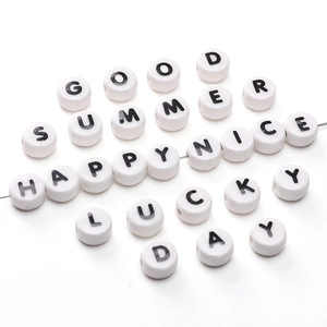 Flat round white acrylic alphabet beads with black letters for DIY jewelry making