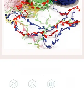 Close-up of multicolored polyester leaf trim ribbon for DIY crafts and gift wrapping
