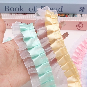 Double-layered pleated ruffle lace ribbon in mint green, pale yellow, and pink colors