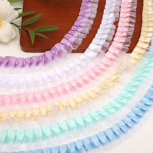 Double-layer pleated polyester lace ribbons in pastel colors for DIY hair accessories