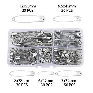 Set of 150 silver safety pins in 5 sizes sorted in a 6-compartment clear storage box