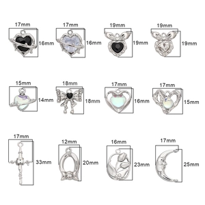 Variety of Y2K silver metal heart and star pendants for DIY jewelry with size dimensions