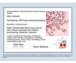 Detailed view of 8x8mm square ceramic beads with hand-painted cherry patterns and 2mm hole