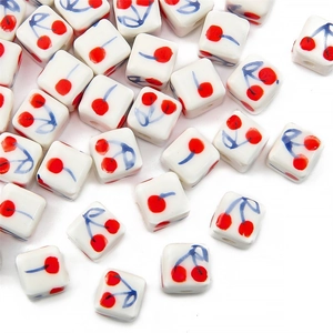 Hand Painted Ceramic Square Beads Cherry Pattern White Cube Loose Spacer Beads For DIY Jewelry Making Bracelets Necklaces Accessories