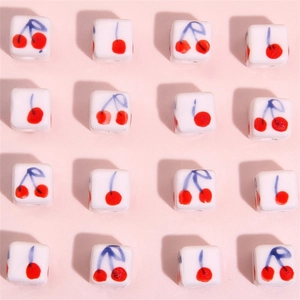8x8mm square white ceramic beads with hand-painted cherry pattern for DIY jewelry making