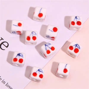 8x8mm white square ceramic beads with hand-painted cherry patterns for DIY jewelry