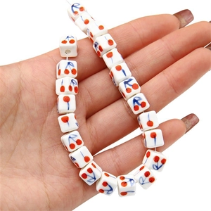 8mm white square ceramic beads with hand-painted cherry patterns for DIY jewelry making