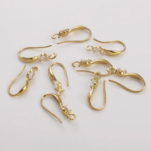 14K Gold Plated Copper Earring Hooks With Round Rhinestone Inlaid For DIY Earring Jewelry Making Accessories Findings