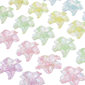 Macro shot of lily shaped AB acrylic beads with iridescent finish for jewelry making