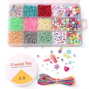 15-compartment DIY jewelry kit with colorful beads, alphabet charms, and elastic strings