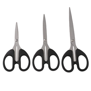 Three-piece set of stainless steel scissors with black ergonomic handles in various sizes