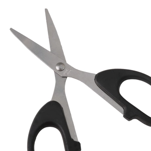 Multipurpose stainless steel office scissors with ergonomic black handles on white background