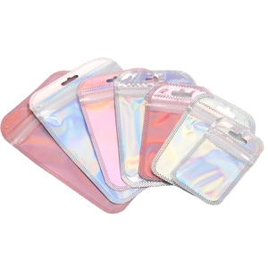Sacs Auto-Scellants Laser Holographiques Pochettes d'Emballage de Bijoux Irisées Avec Trou de Suspension Fermeture à Glissière Fenêtre Transparente Petits Sacs de Rangement d'Entreprise