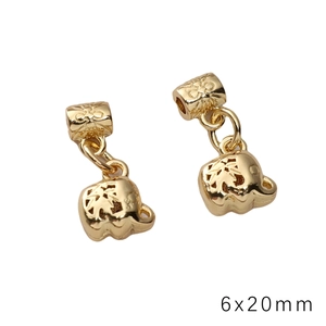 Macro view of 14k gold-plated hollow elephant charms with 6 x 20 mm dimensions
