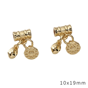 Close-up of 14k gold-filled bamboo floral charms with 10x19mm size specification