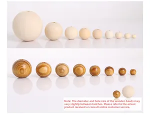 Detailed comparison of natural wood beads in various sizes with central drilled holes