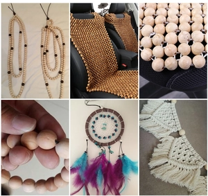 Detail view of assorted natural wood beads used for car cushions and woven crafts