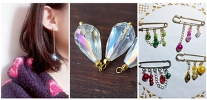 Détail de perles en cristal de goutte facettées 8x11mm et épingles déco en verre coloré