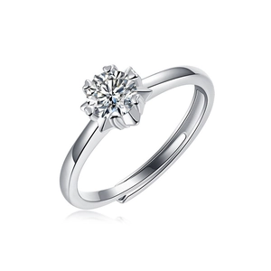 Macro shot of silver S925 adjustable ring with a classic six-prong solitaire moissanite