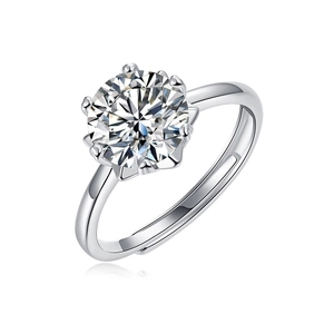 Macro shot of silver ring featuring a round solitaire moissanite in six-prong setting