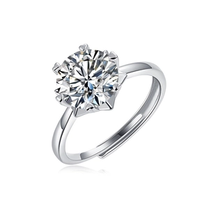 Macro shot of S925 sterling silver ring featuring a six-prong D color moissanite stone