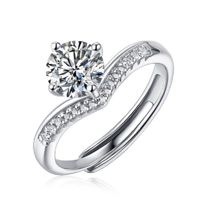 Close-up of S925 silver adjustable ring with wavy band and brilliant round moissanite