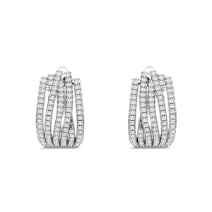 Close-up of multi-layer S925 silver hoop earrings featuring pavé-set moissanite stones