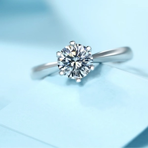 Classic six-prong S925 sterling silver ring with D-color moissanite on blue background