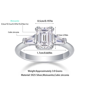 Three-stone S925 silver ring featuring a 1ct emerald-cut moissanite stone