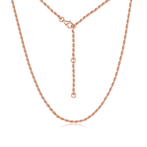 Detailed view of rose gold rope chain necklace with lobster clasp and extension link