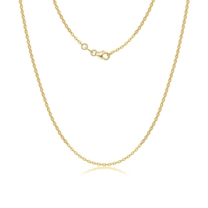 Detail of a thin gold cross chain necklace with a classic lobster clasp and round tag