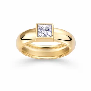 925 Sterling Silver Princess Square Cut Moissanite Ring 18K Gold Plated Brushed Minimalist Wedding Jewelry For Women