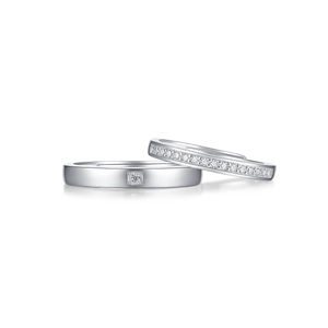 Polished S925 silver couple rings set with square solitaire and pavé diamond band